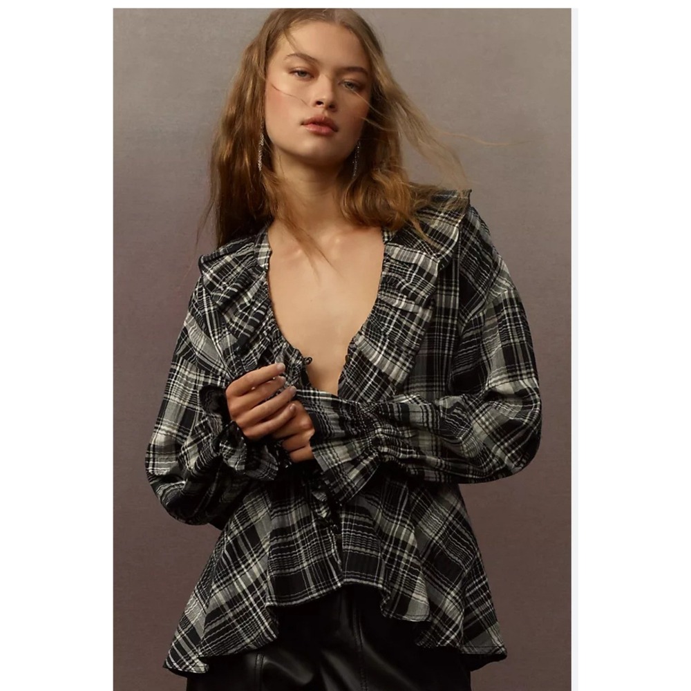 Pilcro Anthropologie Plaid Ruffle V-Neck Peplum Boho Blouse Black White Large